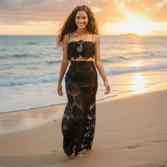 NWT Rumer Revolve Sexy Tropez Black Lace Beach Maxi Skirt Crop Top Size Small - Picture 10 of 10